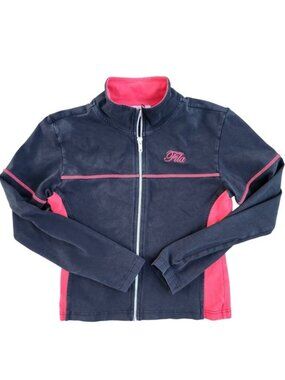 FILA‎ y2k vintage Full Zip Track Jacket Pink Trim Navy Blue Retro Athleisure S